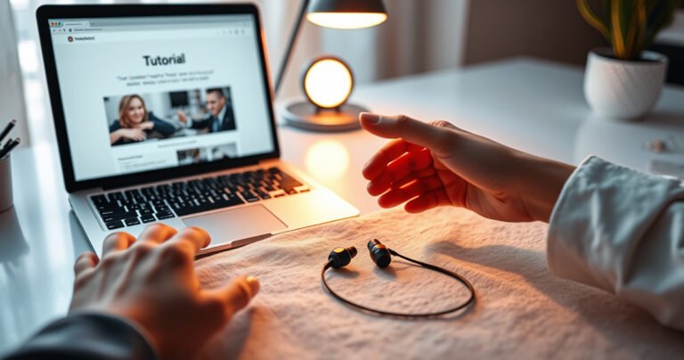 A bright, modern workspace featuring a stylish desk with a laptop open to a tutorial page, beside a pair of sleek Raycon earbuds resting on an inviting, soft fabric. A hand is gently reaching towards the earbuds, with a warm, glowing light illuminating the scene, creating an atmosphere of focus and simplicity.