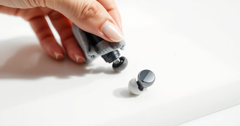 A close-up of a pair of sleek, modern earphones resting on a pristine white surface, surrounded by a soft mist of disinfectant spray. Glimmering droplets catch the light, while a gentle hand with a microfiber cloth carefully wipes one earbud, embodying cleanliness and care in a serene, minimalist setting.