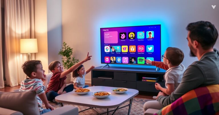 A cozy living room with a sleek Hisense Smart TV displaying vibrant app icons, a family gathered around, excitedly pointing at the screen. Soft ambient lighting highlights a modern coffee table with snacks, while a colorful throw blanket adds warmth. The atmosphere is inviting, showcasing technology seamlessly integrated into everyday family life.