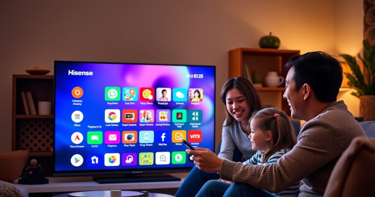 A sleek Hisense Smart TV displaying a vibrant, user-friendly interface with colorful app icons, glowing against a cozy living room backdrop. Soft ambient lighting highlights a family gathered around, engaged and excited as they explore new apps on the large screen, with a subtle hint of technology and modern convenience surrounding them.