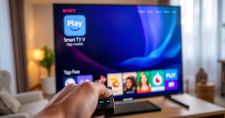 A close-up of a sleek Sony Smart TV displaying a vibrant app store interface, with colorful app icons arranged neatly. In the foreground, a hand interacts with a remote, highlighting a glowing selection. The background features a cozy living room with soft lighting, modern decor, and a subtle hint of technology, inviting users to explore digital entertainment.