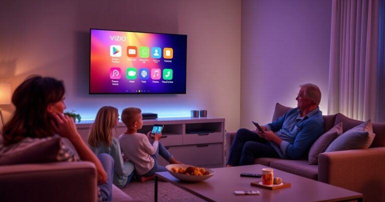 A cozy living room scene featuring a modern Vizio Smart TV displaying colorful app icons on its screen. Soft ambient lighting glows from the TV, with a family of four gathered on a plush couch, engrossed in their device, while a sleek coffee table holds snacks and a remote. Warm, inviting atmosphere.