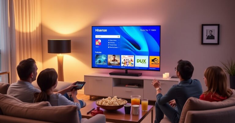 A cozy living room featuring a sleek Hisense Smart TV displaying a colorful app store interface, surrounded by a family interacting with the remote, a warm glow from a lamp, plush cushions on a stylish sofa, and a coffee table with popcorn and drinks, capturing the joy of family entertainment and technology.