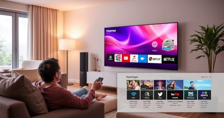 A sleek Hisense Smart TV displayed in a modern living room, vibrant app icons glowing on the screen, a couple joyfully using a remote, surrounded by cozy furnishings and soft lighting, a digital interface showcasing various streaming options, emphasizing technology and convenience, capturing the essence of seamless entertainment at home.