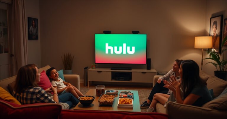 A cozy living room scene featuring a sleek smart TV displaying the Hulu logo, surrounded by a plush sofa and colorful throw pillows. A family joyfully gathers, snacks on the coffee table, dim ambient lighting, and a hint of excitement in the air, embodying the perfect movie night atmosphere.