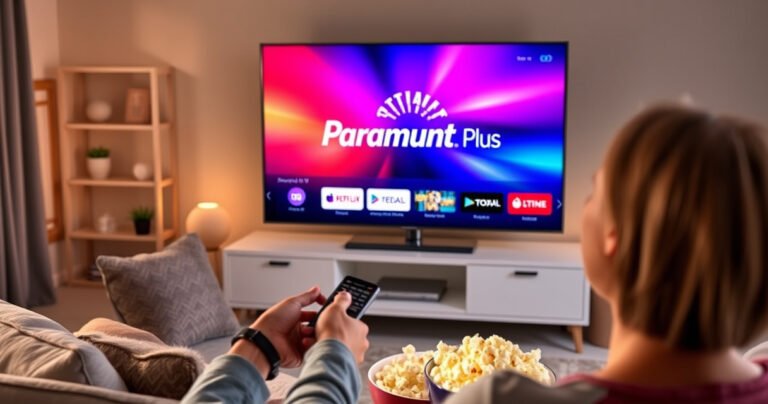 A sleek Samsung Smart TV displaying the Paramount Plus logo on a vibrant, colorful home screen. In the foreground, a user joyfully pointing at the TV while holding a remote, surrounded by a cozy living room setup with soft lighting, plush cushions, and a bowl of popcorn, evoking a warm, inviting atmosphere for streaming entertainment.