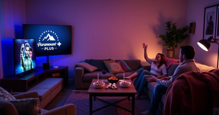 A cozy living room with a sleek smart TV displaying the Paramount Plus logo, surrounded by colorful cushions and a warm throw. A family excitedly gathers on the couch, snacks on a coffee table, illuminated by soft, ambient lighting, creating a welcoming atmosphere perfect for movie night.