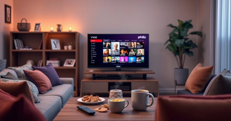 A cozy living room scene featuring a sleek Vizio Smart TV displaying the Philo app interface. Warm ambient lighting fills the space, with a comfortable couch adorned with colorful cushions. A remote control rests on a coffee table, surrounded by snacks and a steaming mug of tea, inviting viewers to relax and enjoy streaming.