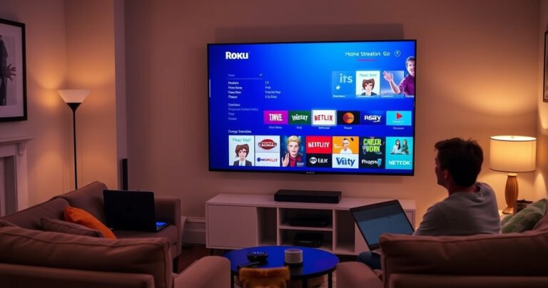 A cozy living room with a sleek smart TV displaying the Roku interface, surrounded by comfortable furniture. A person is happily setting up the TV, with a laptop and remote in hand. Soft warm lighting creates an inviting atmosphere, while colorful Roku icons and a vibrant streaming selection fill the screen, emphasizing ease and accessibility.
