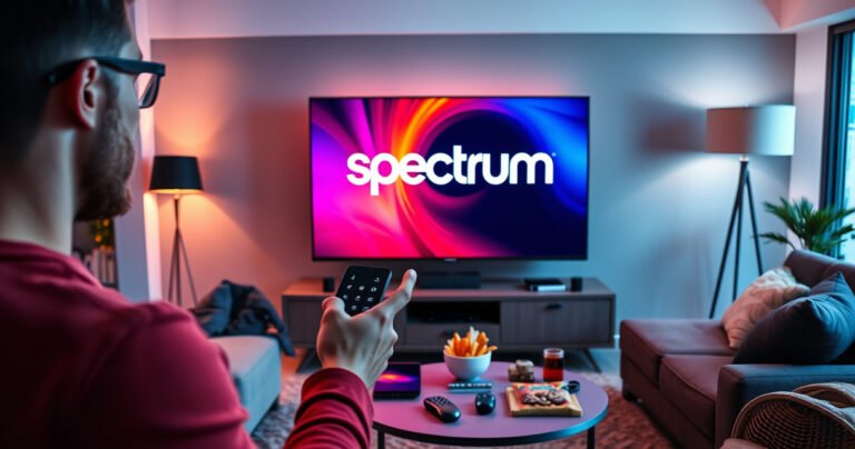 A modern living room with a sleek smart TV displaying the Spectrum app logo, a user holding a remote with a focused expression, vibrant colors highlighting the TV screen, cozy furniture, a warm ambiance with soft lighting, and a small coffee table adorned with tech gadgets and snacks, creating an inviting atmosphere for tech enthusiasts.
