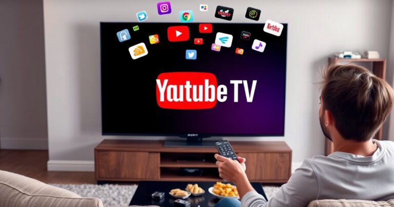 A sleek Sony Smart TV displaying the vibrant YouTube TV logo on its screen, surrounded by a cozy living room setting featuring a plush sofa, soft lighting, and a coffee table with snacks. A user, excitedly holding a remote, is poised to explore, with colorful streaming icons floating above, symbolizing endless entertainment options.