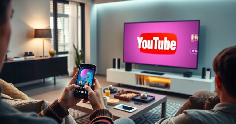 A sleek modern living room featuring a large smart TV displaying the YouTube logo, with a cozy sofa and a coffee table cluttered with tech gadgets and snacks. A person is using a smartphone to cast content to the TV, surrounded by vibrant streaming icons and a warm, inviting atmosphere.