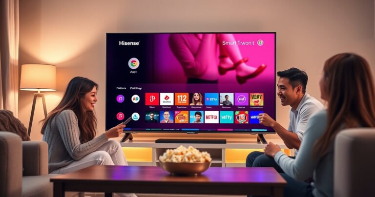 A sleek Hisense Smart TV glowing in a cozy living room, displaying a vibrant app store interface filled with colorful app icons. A family gathers around, excitedly interacting with the remote, soft ambient lighting illuminating the space, while a bowl of popcorn sits on the coffee table, capturing the essence of modern home entertainment.