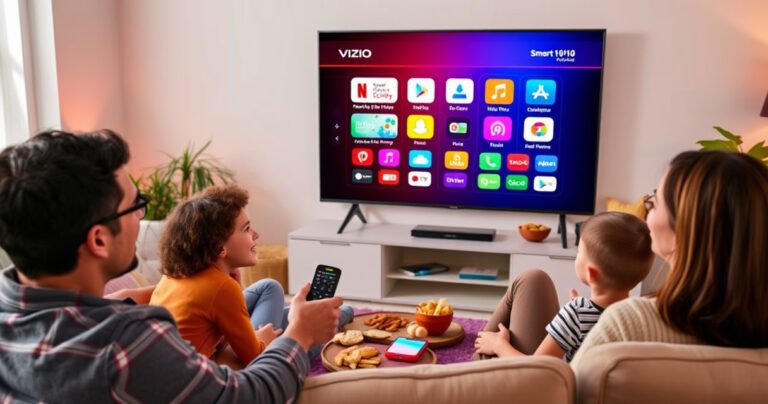 A vibrant living room featuring a modern Vizio Smart TV displaying colorful app icons on its screen. Soft, warm lighting illuminates a cozy sofa with a remote in hand. A family joyfully engages with the TV, surrounded by snacks and comfortable decor, embodying a tech-savvy and inviting atmosphere perfect for exploring new apps.