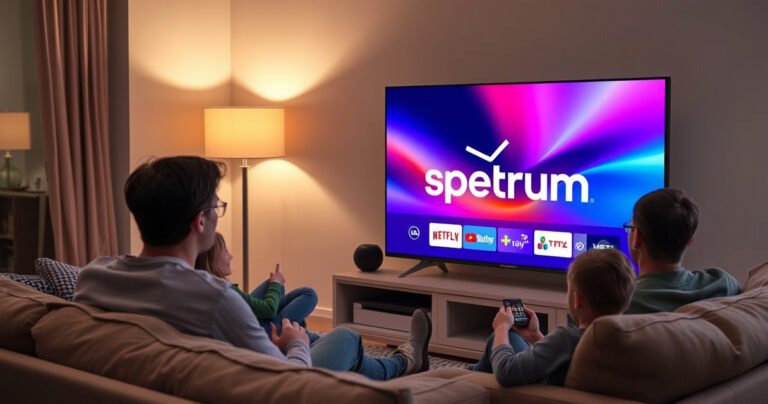 A cozy living room with a sleek smart TV displaying the Spectrum app logo, vibrant colors on the screen. A family gathers on a plush sofa, excited expressions as they navigate the interface with a remote. Soft lighting from a nearby lamp casts a warm glow, enhancing the inviting atmosphere of tech-savvy comfort.