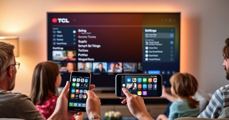 A cozy living room scene featuring a sleek TCL Smart TV displaying vibrant images of screen mirroring settings. Soft ambient lighting casts a warm glow, and a family is gathered around, engaged and excited. A smartphone in hand shows content being shared, with colorful app icons reflecting the joy of seamless connectivity.