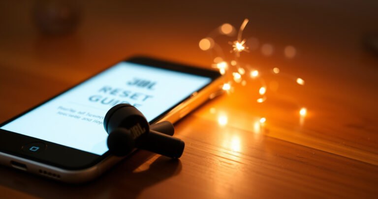 A close-up of sleek JBL earbuds resting on a wooden table, surrounded by a glowing smartphone displaying a reset guide. Soft ambient light creates a tech-savvy atmosphere, while tiny sparks of digital energy swirl around, symbolizing the reset process. A faint reflection of audio waves dances across the surface, embodying sound and technology.