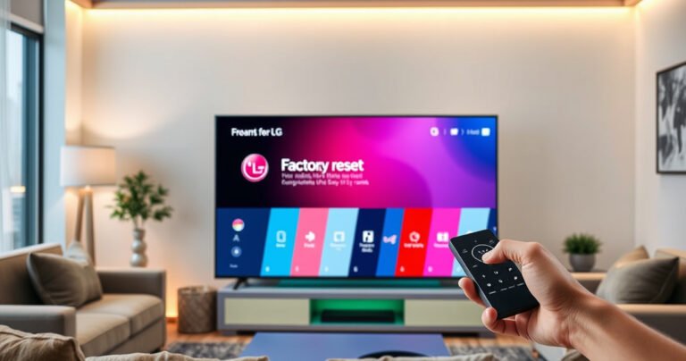 A sleek LG Smart TV displayed prominently in a modern living room, surrounded by cozy furnishings. The screen glows with a user-friendly menu showcasing the factory reset option. Soft ambient lighting enhances the contemporary decor, while a hand reaches toward the remote, symbolizing a fresh start and easy navigation in technology.
