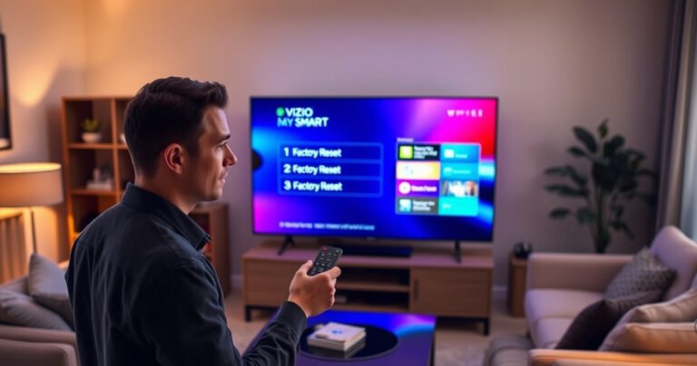 A sleek Vizio Smart TV glowing in a cozy living room, surrounded by modern furniture. A user holds a remote control, looking focused and determined. On the TV screen, a vivid graphical interface displays "Factory Reset" options in bright colors. Soft ambient lighting casts a welcoming atmosphere, inviting viewers into the tech-savvy world.