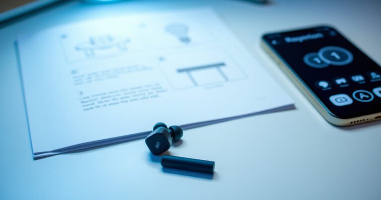 A sleek pair of Raycon earbuds resting on a clean, modern workspace, surrounded by a gentle glow of soft blue light. In the background, a minimalist guidebook with step-by-step illustrations is partially visible, while a smartphone with a reset screen displays clear icons. The atmosphere is tech-savvy and inviting, evoking a sense of clarity and simplicity.
