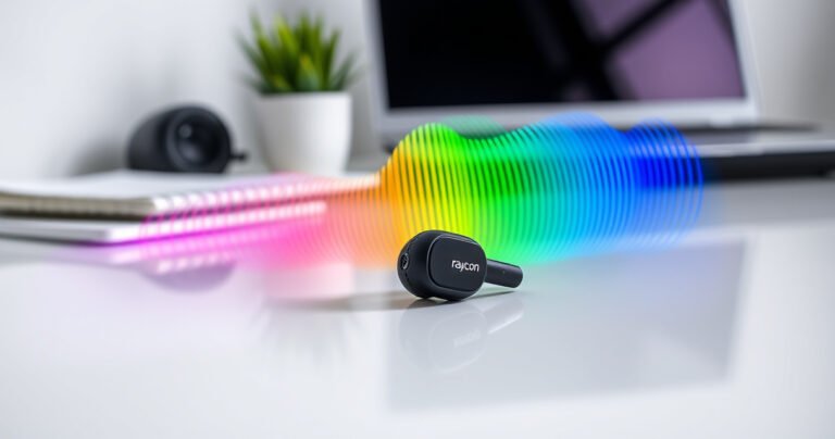 A close-up of sleek, modern Raycon Everyday Earbuds lying on a smooth, reflective surface, surrounded by vibrant sound waves emanating in various colors. In the background, a serene workspace with a laptop, a potted plant, and a notepad, creating a calm atmosphere that highlights technology and simplicity.