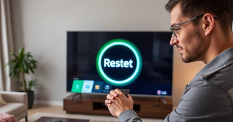 A sleek LG Smart TV displaying a vibrant, glowing reset icon on its screen, surrounded by a modern living room with stylish furniture and soft lighting. A person with a focused expression is gently tapping the remote, with a hint of technology and innovation in the air, emphasizing ease and clarity in the process.