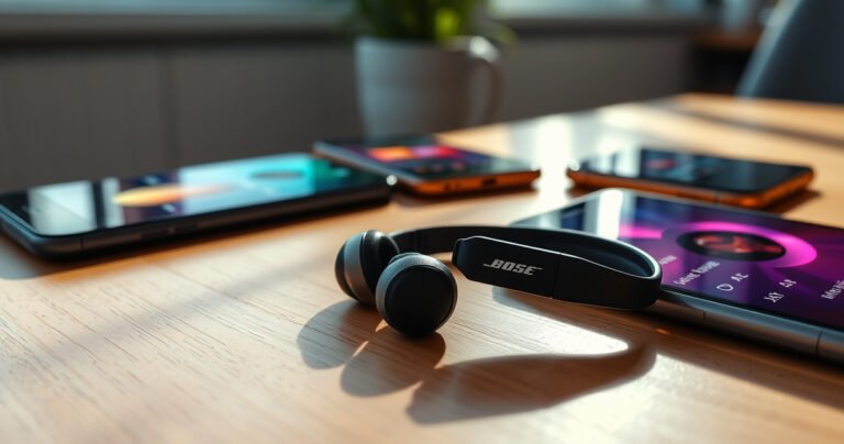 A close-up of a stylish pair of Bose earbuds resting on a sleek wooden table, surrounded by a vibrant array of colorful smartphone screens showing music playlists. Soft natural light filters through a nearby window, casting gentle shadows, while a modern, minimalist background hints at a tech-savvy lifestyle.