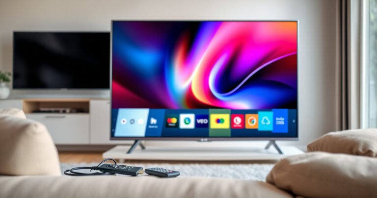 A sleek LG Smart TV prominently displayed in a modern living room, glowing with vibrant colors on the screen. A user-friendly remote lies beside it, with an HDMI cable coiled nearby. Soft ambient lighting highlights the TV’s slim profile, while a cozy couch and stylish decor create an inviting atmosphere, suggesting ease and comfort in setup.