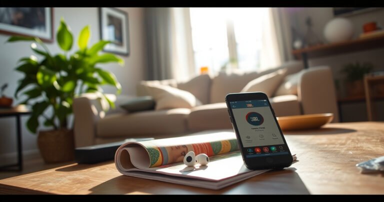 A serene living room scene with a cozy couch, a vibrant houseplant, and scattered items on a coffee table. Sunlight streams through a window, illuminating a pair of sleek JBL earbuds partially hidden beneath a colorful magazine, with a smartphone displaying a tracking app nearby, suggesting a quest to find the lost earbuds.