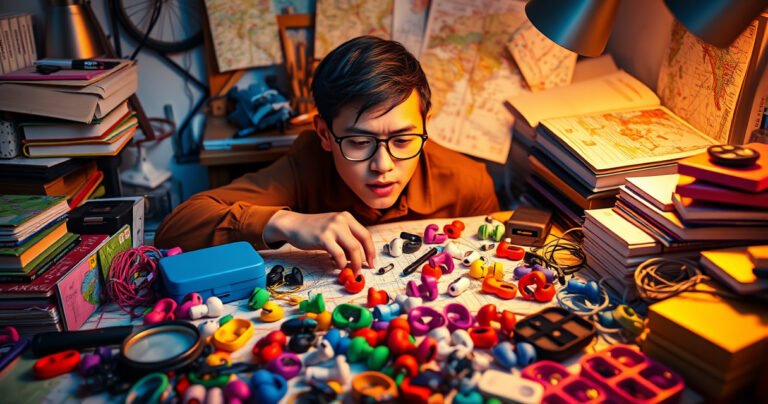 A vibrant scene of a cluttered desk strewn with colorful JLab earbuds in various styles, surrounded by search tools like magnifying glasses and maps, while a person eagerly examines the options under warm, inviting light, capturing the excitement of finding the perfect pair amidst the chaos.