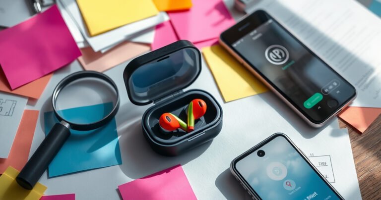 A cluttered desk with scattered papers, vibrant sticky notes, and a small, open case revealing a pair of colorful, lost earbuds. Surrounding the case, a magnifying glass and a smartphone displaying a tracking app. Soft natural light filters in, casting gentle shadows to create a sense of urgency and discovery in the scene.