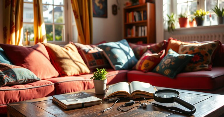 A vibrant scene in a cozy living room, sunlight streaming through a window, highlighting a colorful assortment of cushions and a coffee table cluttered with various items like a small plant, a book, and a pair of scattered earbuds, with a magnifying glass resting nearby, inviting a sense of exploration and discovery.
