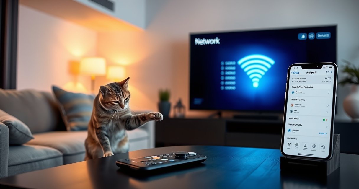 A sleek modern living room with a large smart TV displaying network settings, a glowing Wi-Fi symbol in the background. A curious cat sits on a plush sofa, pawing at the remote. Soft ambient lighting casts a warm glow, while a smartphone rests on a coffee table, showing an app with network details.