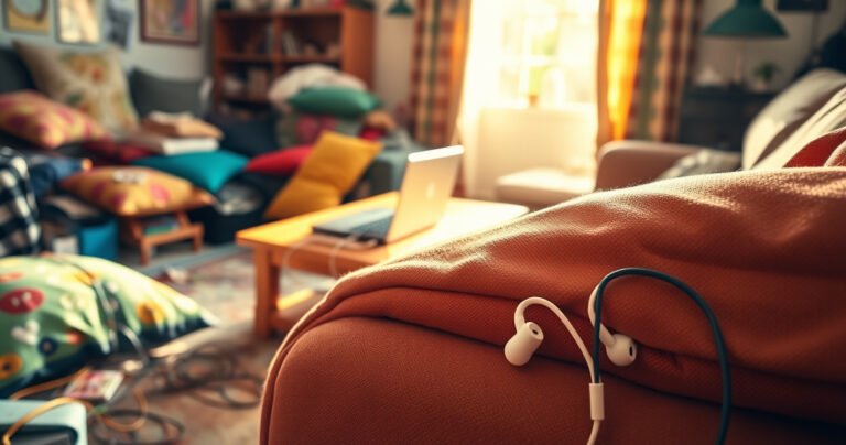 A vibrant, cluttered room with colorful pillows scattered on a couch, an open laptop on a coffee table, and tangled cords everywhere. In the foreground, a pair of bright, lost earbuds peeks out from under a couch cushion, bathed in warm sunlight filtering through a nearby window, evoking a sense of urgency and discovery.