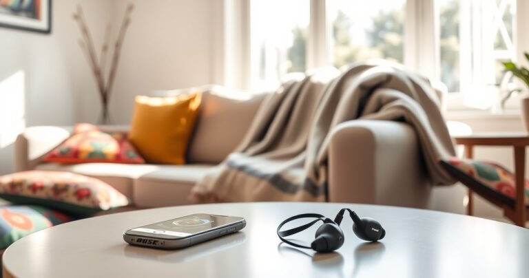 A serene living room scene with a cozy couch, a soft throw blanket draped over it, and a bright window letting in sunlight. Scattered around are colorful cushions and a small table with a smartphone displaying a tracking app, while the Bose earbuds rest elegantly on the table, catching the light.