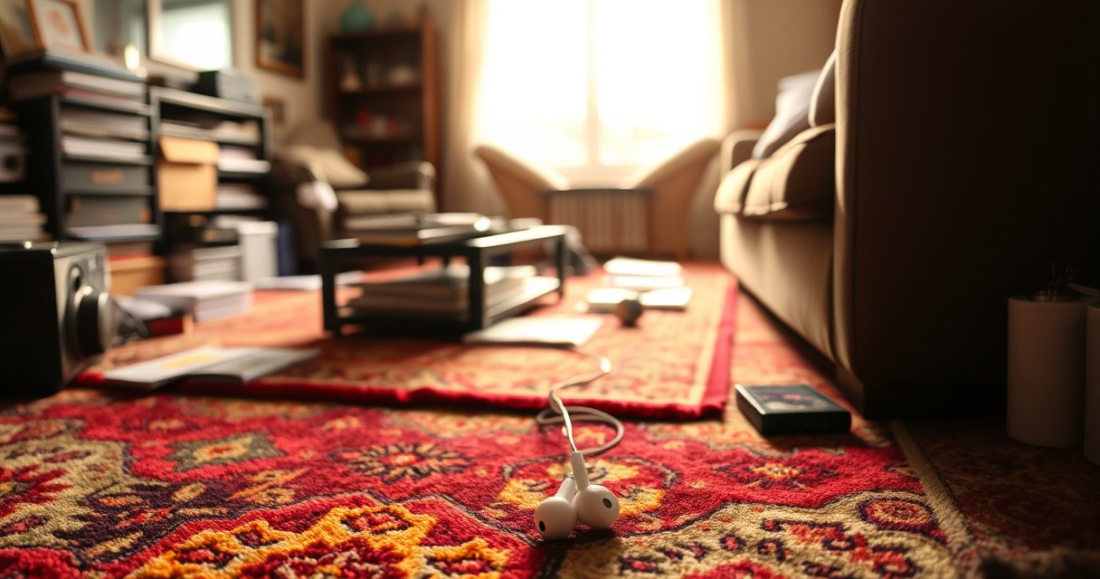 A cluttered living room filled with everyday objects, a vibrant, colorful rug underfoot, a coffee table scattered with magazines, and a pair of mismatched cushions. In the foreground, a pair of small, lost earbuds peeking out from beneath a sofa, illuminated by soft sunlight streaming through a window, creating a sense of urgency and warmth.