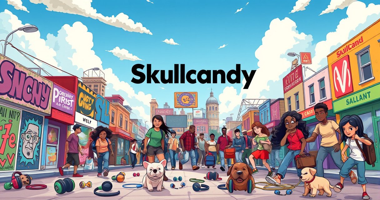 A vibrant illustration of a bustling urban landscape, featuring a diverse group of people searching for lost Skullcandy earbuds amidst colorful street art, scattered headphones, and playful pets. Highlight expressions of determination and joy, with close-ups of the iconic Skullcandy logo, all under a bright blue sky filled with fluffy clouds.