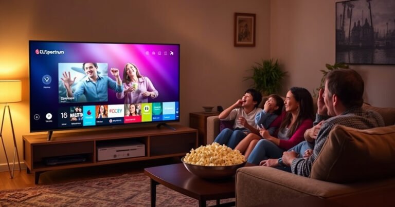 A cozy living room with a stylish LG Smart TV displaying the Spectrum app interface, warm lighting illuminating the space, a family gathered on a plush sofa, excitement on their faces, popcorn bowl on the coffee table, vibrant colors reflecting off the TV screen, a hint of technology and comfort blending seamlessly.