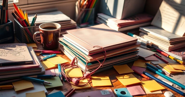 A cluttered desk scattered with colorful stationery, a cup of coffee, and a pair of vibrant earphones peeking out from beneath a stack of notebooks, surrounded by post-it notes. Soft sunlight streams through a nearby window, casting warm shadows, creating a cozy and slightly chaotic atmosphere that invites the viewer to explore and find the hidden earphones.