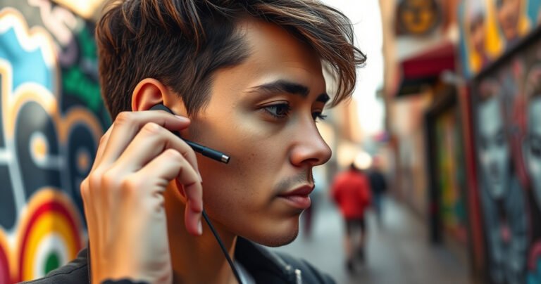 A close-up of a person adjusting sleek, modern earphones in a vibrant urban setting, surrounded by colorful street art. Soft sunlight highlights the details of the earphones and the person's focused expression, while a blurred background captures the lively atmosphere, emphasizing comfort and style in sound.