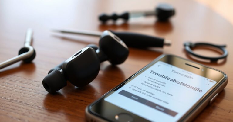 A close-up of a pair of sleek, modern Bluetooth earbuds resting on a wooden table, one earbud glowing softly as if malfunctioning. Surrounding the earbuds are small tools like a screwdriver and tweezers, alongside a smartphone displaying a troubleshooting guide. Warm, natural light filters in, creating a cozy and inviting repair scene.