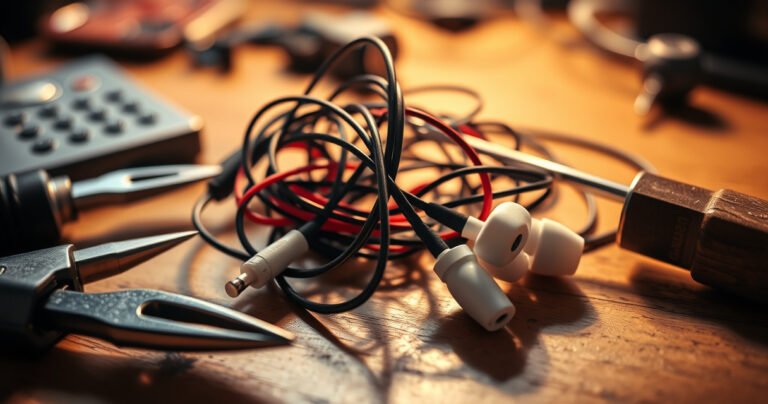 A close-up of a pair of tangled earphones, with strands of colorful wires fraying at the ends, surrounded by tools like small pliers and a soldering iron on a wooden workbench, illuminated by warm, natural light, creating an inviting yet focused atmosphere that highlights the DIY spirit of tech repair.