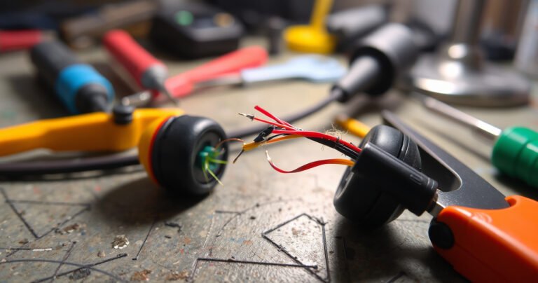A close-up of a pair of frayed earphone cables on a workbench, surrounded by tools like wire strippers and soldering iron, with vibrant colors highlighting the intricate details of the wires, a faint glow from a nearby lamp illuminating the scene, emphasizing the repair process and DIY spirit.