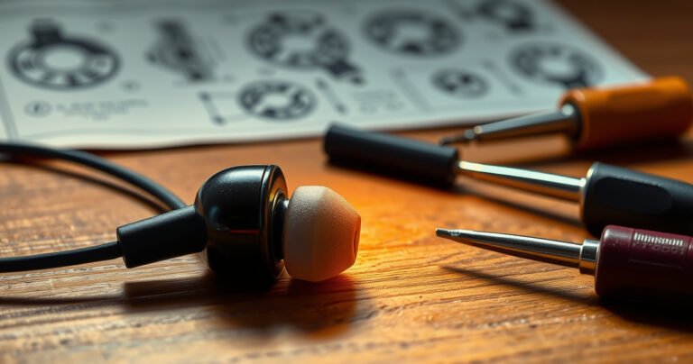 A close-up of a pair of earphones lying on a wooden table, one side illuminated by soft, warm light. Tools like a small screwdriver and soldering iron are nearby, with colorful wires exposed. In the background, blurred diagrams of earphone components hint at repair techniques, creating an inviting, DIY atmosphere.