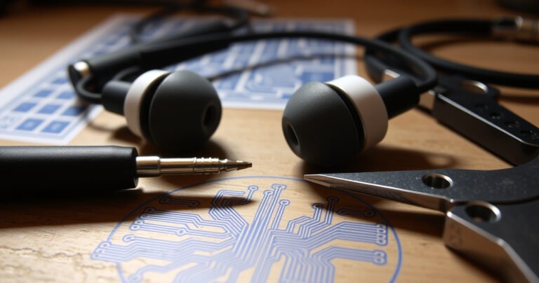 A close-up of a pair of earphones with one side disconnected, surrounded by tools like a small screwdriver and wire strippers, on a wooden workbench. Soft light highlights the intricate details of the earphones and the tools, while a faint blueprint of earphone circuitry is subtly in the background, suggesting a DIY repair theme.