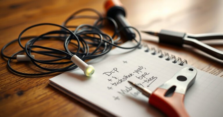 A close-up of a pair of tangled earphones lying on a wooden table, one earbud glowing faintly to indicate a malfunction. Surrounding them are small DIY tools like a screwdriver and pliers, alongside a notepad filled with troubleshooting notes, all set against a warm, inviting light that symbolizes hope and repair.