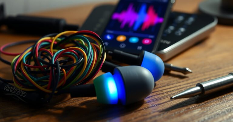 A close-up of a pair of colorful earphones resting on a wooden table, one side tangled in colorful threads, while the other side glows faintly with a blue light. Surrounding the earphones are small tools like a screwdriver and soldering iron, with a vibrant Android phone in the background displaying soundwave patterns.