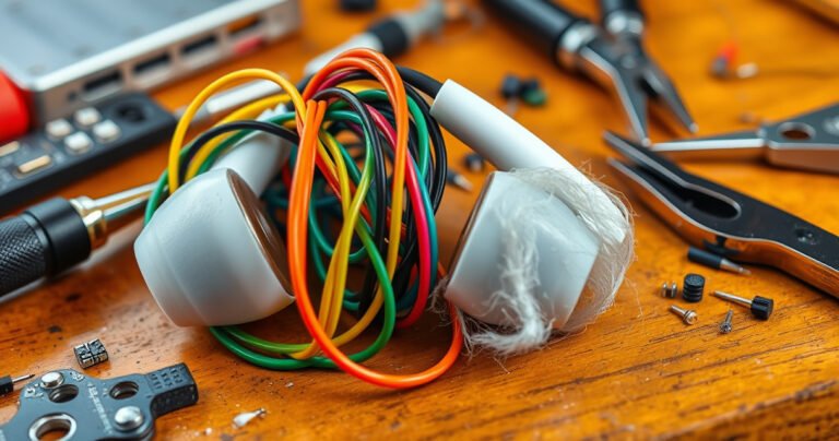 A close-up of a pair of earphones tangled in colorful threads, one side sleek and shiny while the other is frayed and muted. Surrounding them are tools like a tiny screwdriver, soldering iron, and wire cutters, all set on a wooden workbench with scattered electronics parts, evoking a sense of DIY repair and creativity.