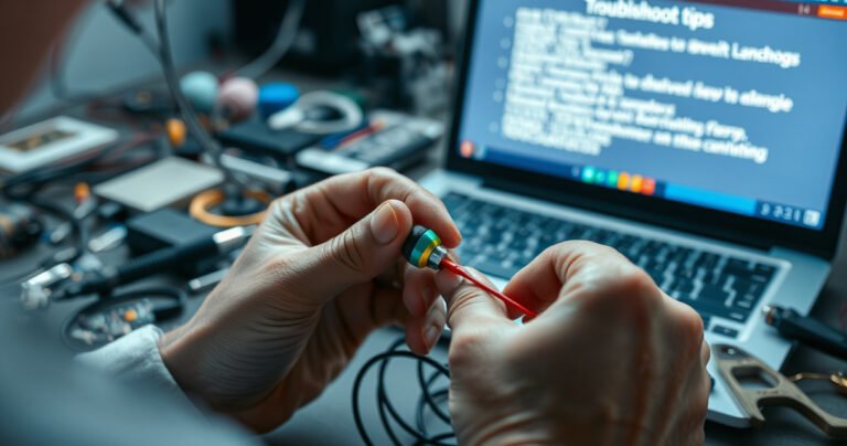 A close-up of a technician’s hands delicately repairing a pair of colorful earphones, surrounded by small tools like a soldering iron, wire cutters, and a magnifying glass. The background is softly blurred, showcasing a cluttered workspace filled with electronic components, while a glowing laptop displays troubleshooting tips on the screen.