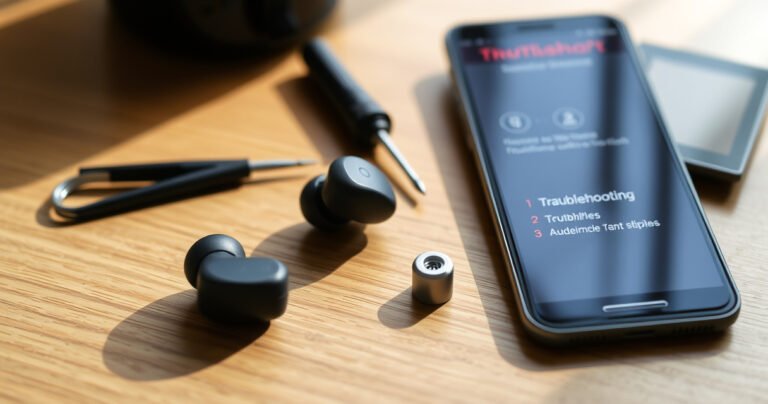 A close-up view of a pair of sleek Lenovo ThinkPlus earbuds resting on a wooden table, surrounded by small tools like a screwdriver and tweezers. Soft natural light illuminates the scene, casting gentle shadows, while a smartphone displaying troubleshooting steps sits nearby, creating a tech-savvy, hands-on atmosphere.